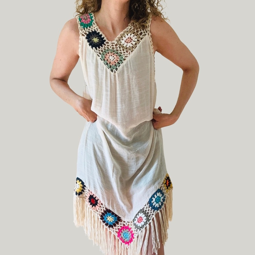 NEGS Boho Crochet Granny Square Fringe Hem Gauze Mini Dress Cover Up Cream OS